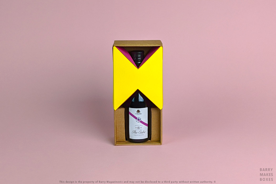 Australian Packaging Design, Product Design, Special Unique presentation promotion d'Arenberg Cube in a bottle single wine presentation pack Art carton on pink by Barry Makes Boxes, Barry Magazinovic
