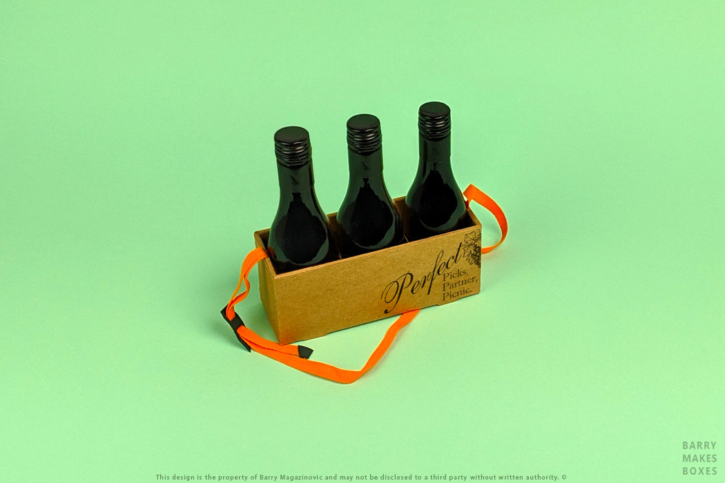 Australian Packaging Design, Product Design, Special Unique presentation promotion perfectly prepared picnic basket three bottle wine carry romance buit in divider pack carton on green by Barry Makes Boxes, Barry Magazinovic